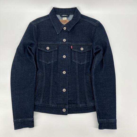 Levi’s Denim Trucker Jacket Womens Large Dark Wash Button Front Pockets NWOT - Picture 1 of 15